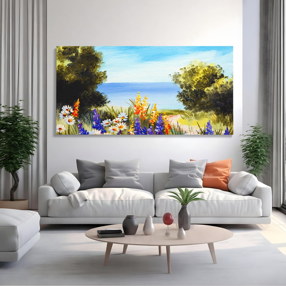 Tablou Canvas Premium LuxCanva® A1060, Flori Violet , Peisaj, Flori Albe, Mare, Natura, Culori Vibrante
