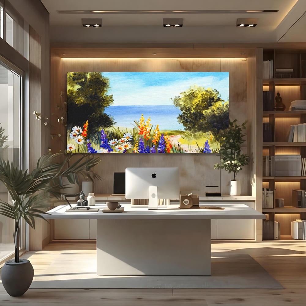 Tablou Canvas Premium LuxCanva® A1060, Flori Violet , Peisaj, Flori Albe, Mare, Natura, Culori Vibrante