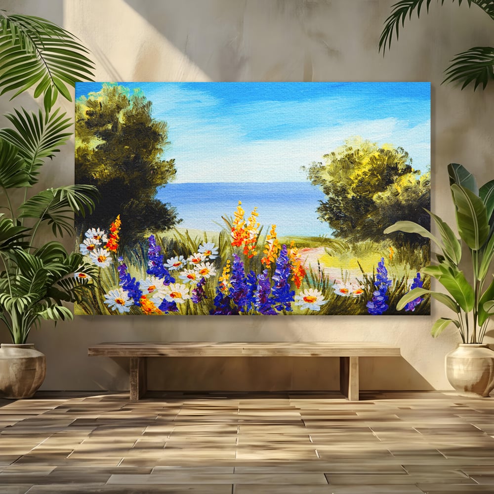 Tablou Canvas Premium LuxCanva® A1060, Flori Violet , Peisaj, Flori Albe, Mare, Natura, Culori Vibrante