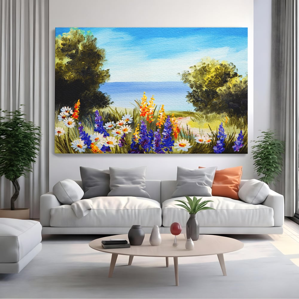 Tablou Canvas Premium LuxCanva® A1060, Flori Violet , Peisaj, Flori Albe, Mare, Natura, Culori Vibrante