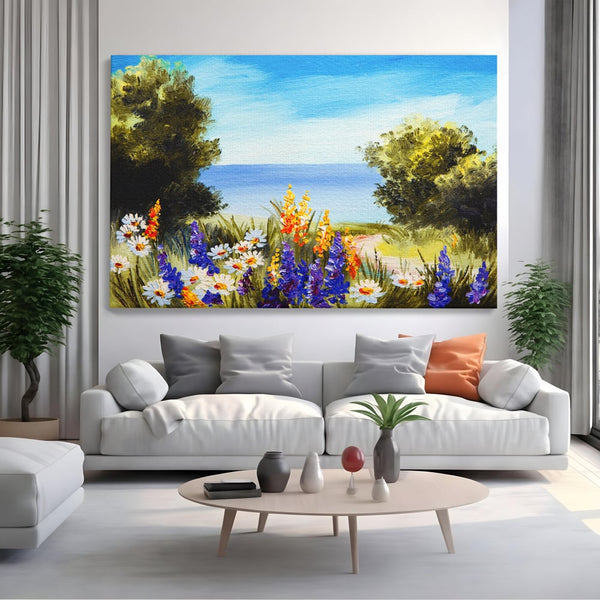 Tablou Canvas Premium LuxCanva® A1060, Flori Violet , Peisaj, Flori Albe, Mare, Natura, Culori Vibrante