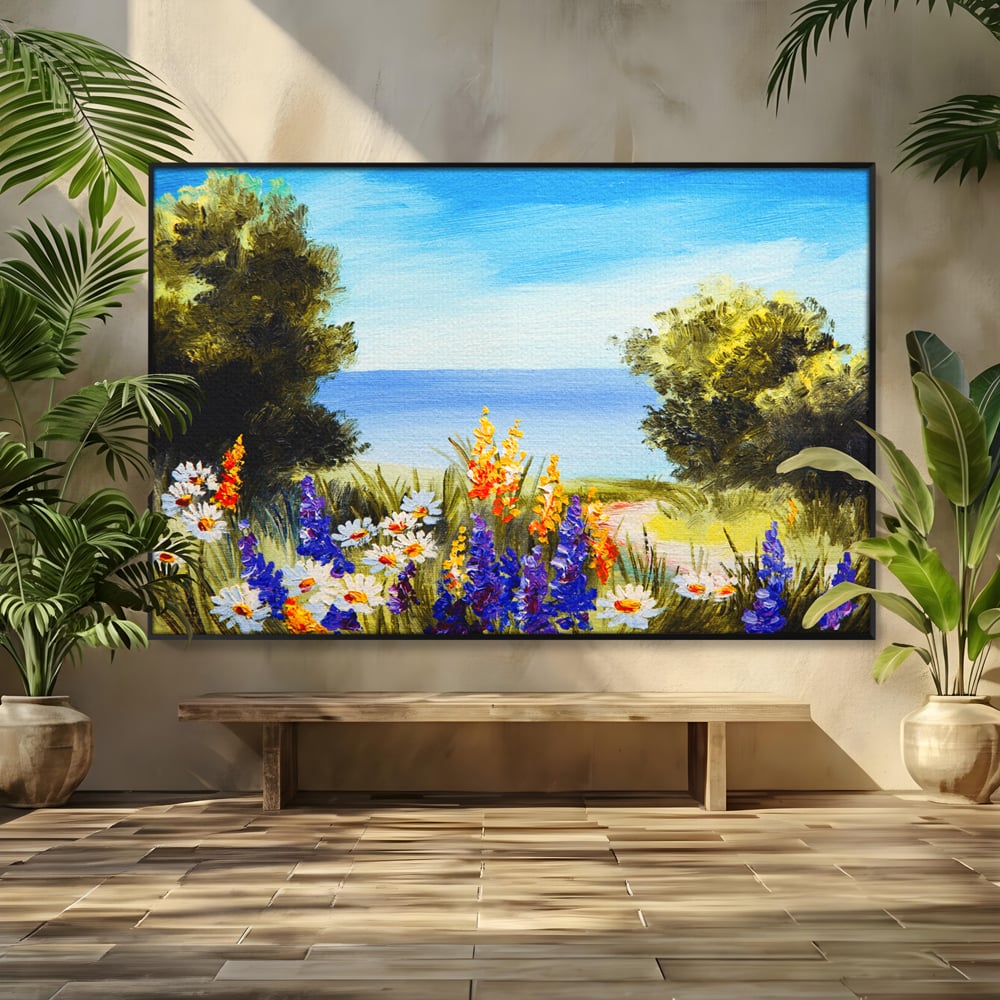 Tablou Canvas Premium LuxCanva® A1060, Flori Violet , Peisaj, Flori Albe, Mare, Natura, Culori Vibrante