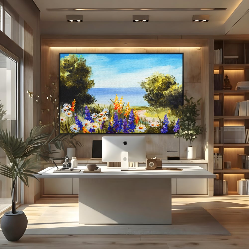Tablou Canvas Premium LuxCanva® A1060, Flori Violet , Peisaj, Flori Albe, Mare, Natura, Culori Vibrante