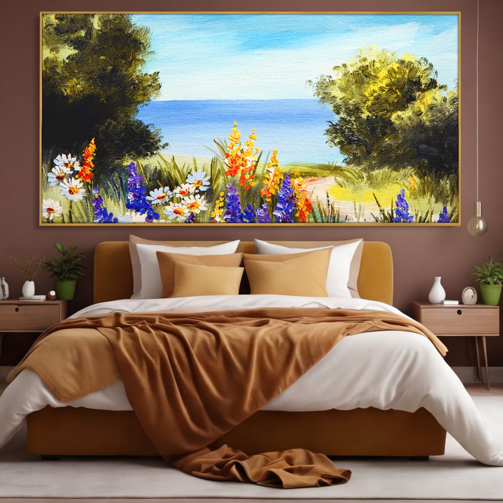 Tablou Canvas Premium LuxCanva® A1060, Flori Violet , Peisaj, Flori Albe, Mare, Natura, Culori Vibrante