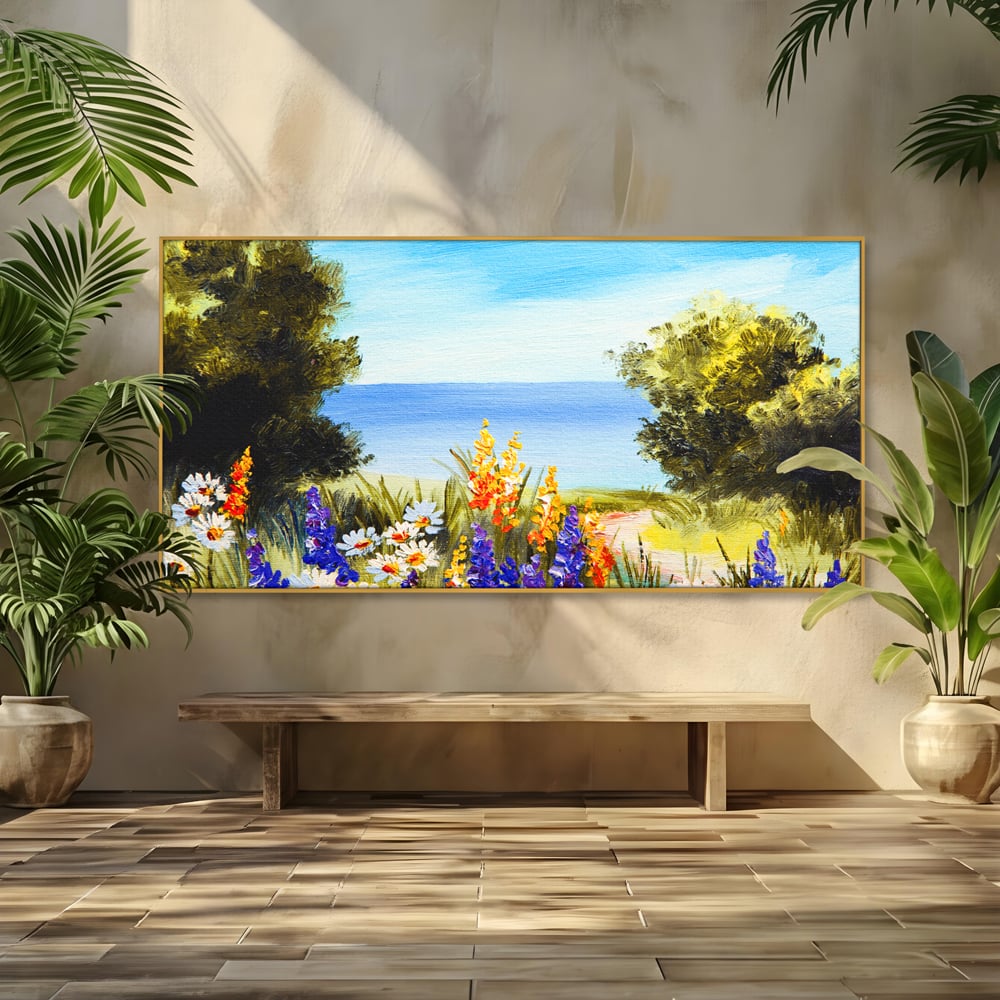 Tablou Canvas Premium LuxCanva® A1060, Flori Violet , Peisaj, Flori Albe, Mare, Natura, Culori Vibrante