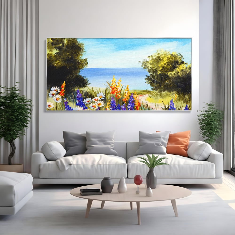 Tablou Canvas Premium LuxCanva® A1060, Flori Violet , Peisaj, Flori Albe, Mare, Natura, Culori Vibrante