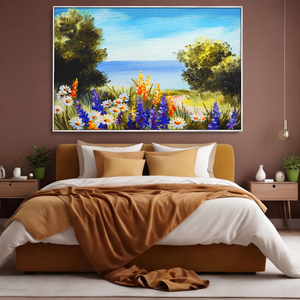 Tablou Canvas Premium LuxCanva® A1060, Flori Violet , Peisaj, Flori Albe, Mare, Natura, Culori Vibrante