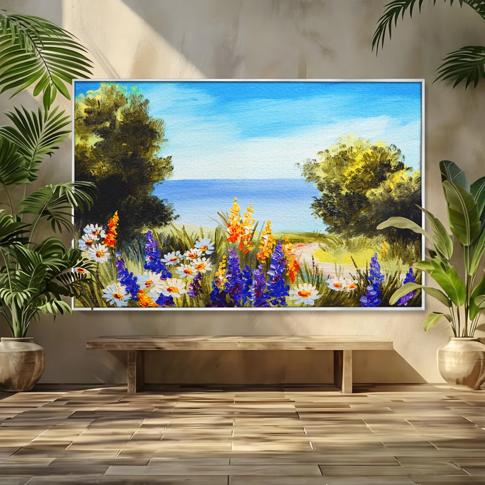 Tablou Canvas Premium LuxCanva® A1060, Flori Violet , Peisaj, Flori Albe, Mare, Natura, Culori Vibrante