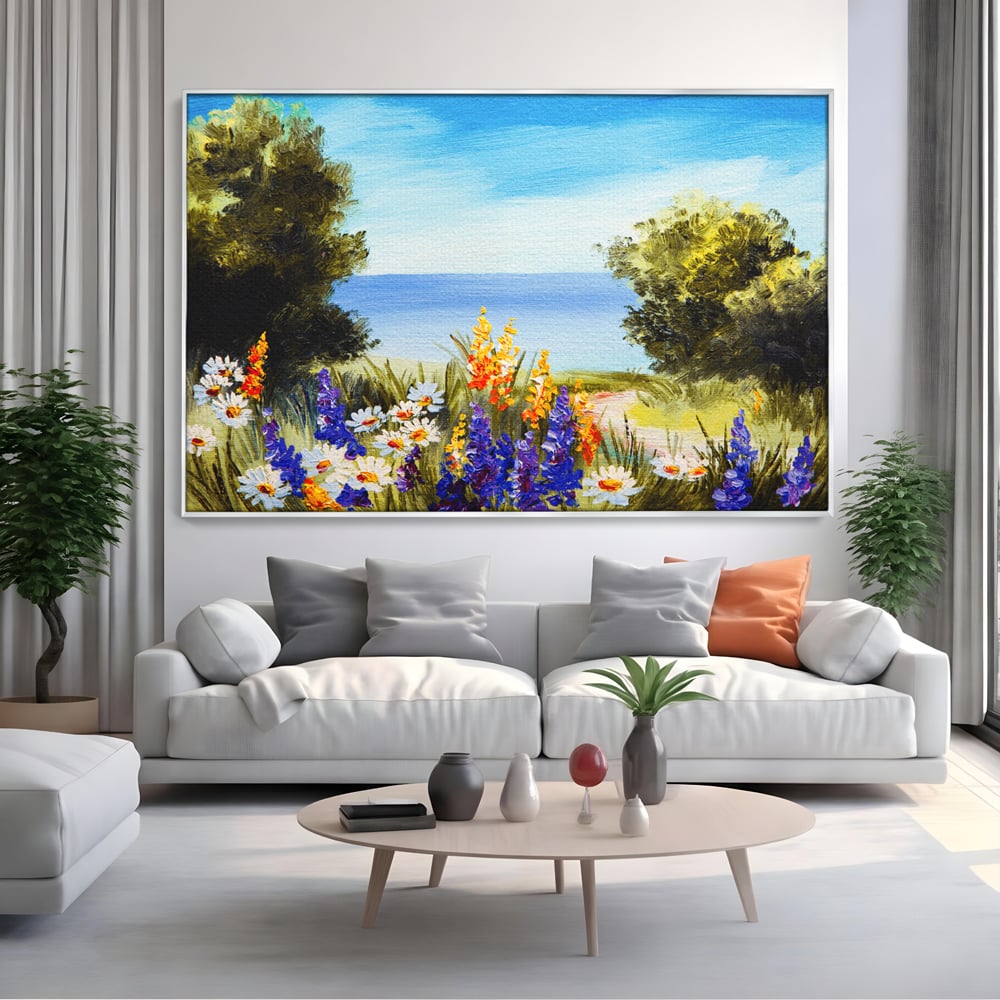 Tablou Canvas Premium LuxCanva® A1060, Flori Violet , Peisaj, Flori Albe, Mare, Natura, Culori Vibrante