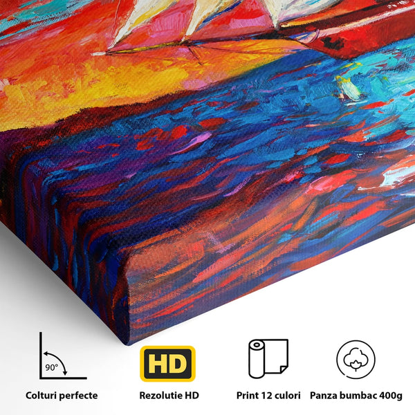 Tablou Canvas Premium LuxCanva® A1061, Vapor Cu Vele , Peisaj, Mare, Rosu, Albastru, Abstract, Culori Vibrante