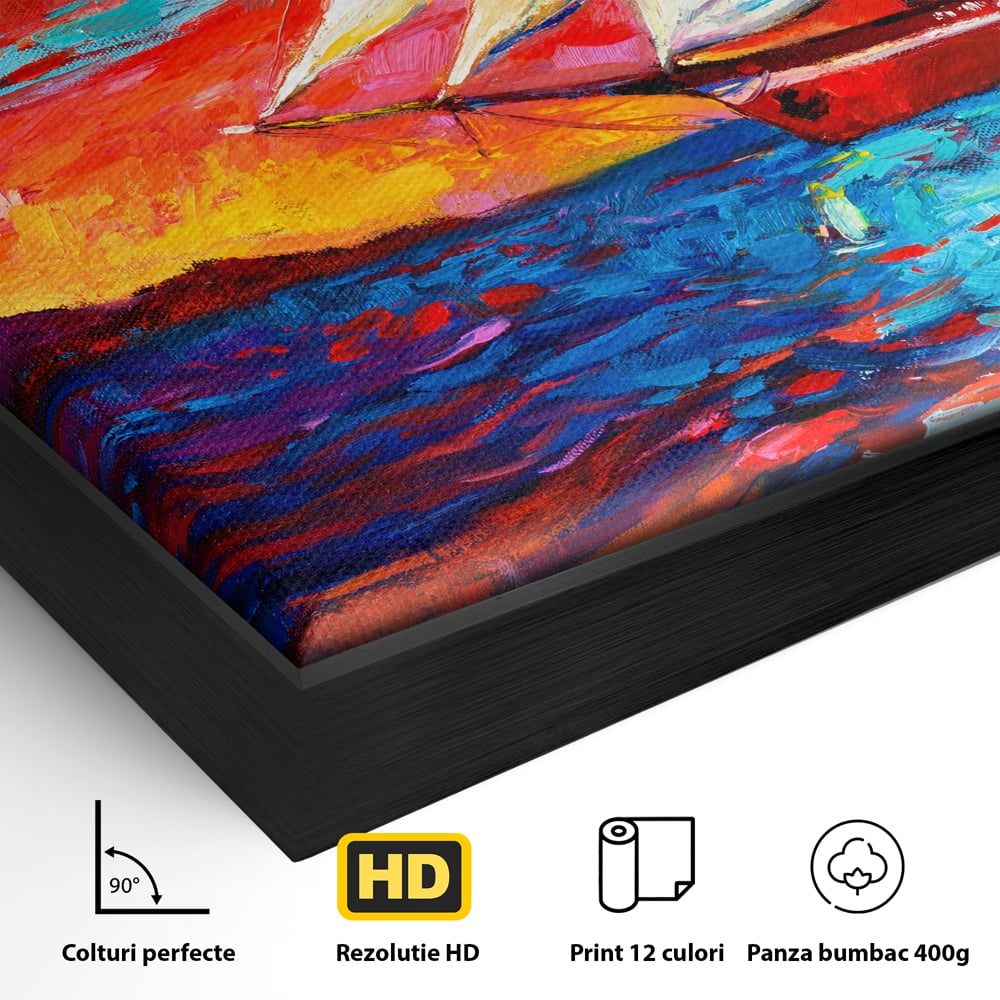 Tablou Canvas Premium LuxCanva® A1061, Vapor Cu Vele , Peisaj, Mare, Rosu, Albastru, Abstract, Culori Vibrante