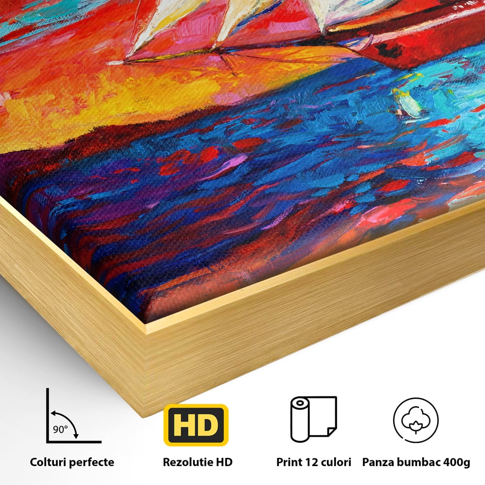 Tablou Canvas Premium LuxCanva® A1061, Vapor Cu Vele , Peisaj, Mare, Rosu, Albastru, Abstract, Culori Vibrante
