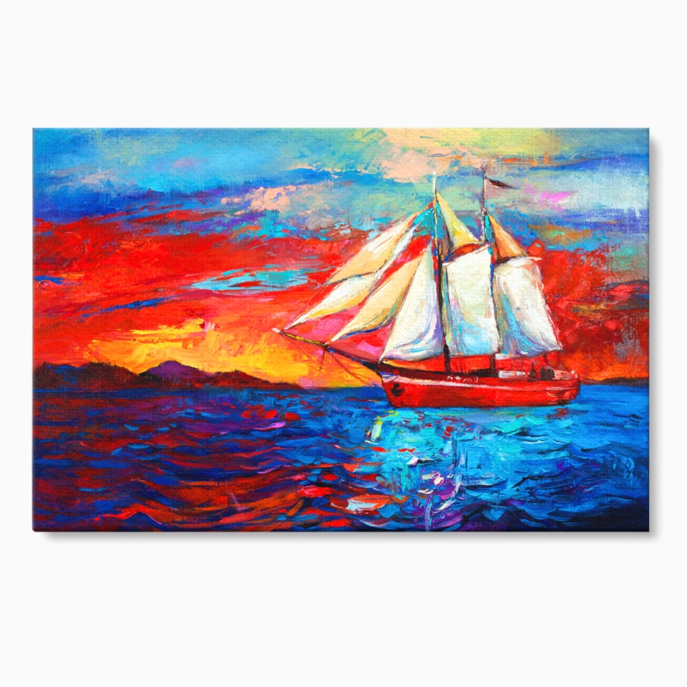 Tablou Canvas Premium LuxCanva® A1061, Vapor Cu Vele , Peisaj, Mare, Rosu, Albastru, Abstract, Culori Vibrante