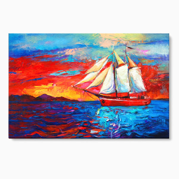 Tablou Canvas Premium LuxCanva® A1061, Vapor Cu Vele , Peisaj, Mare, Rosu, Albastru, Abstract, Culori Vibrante