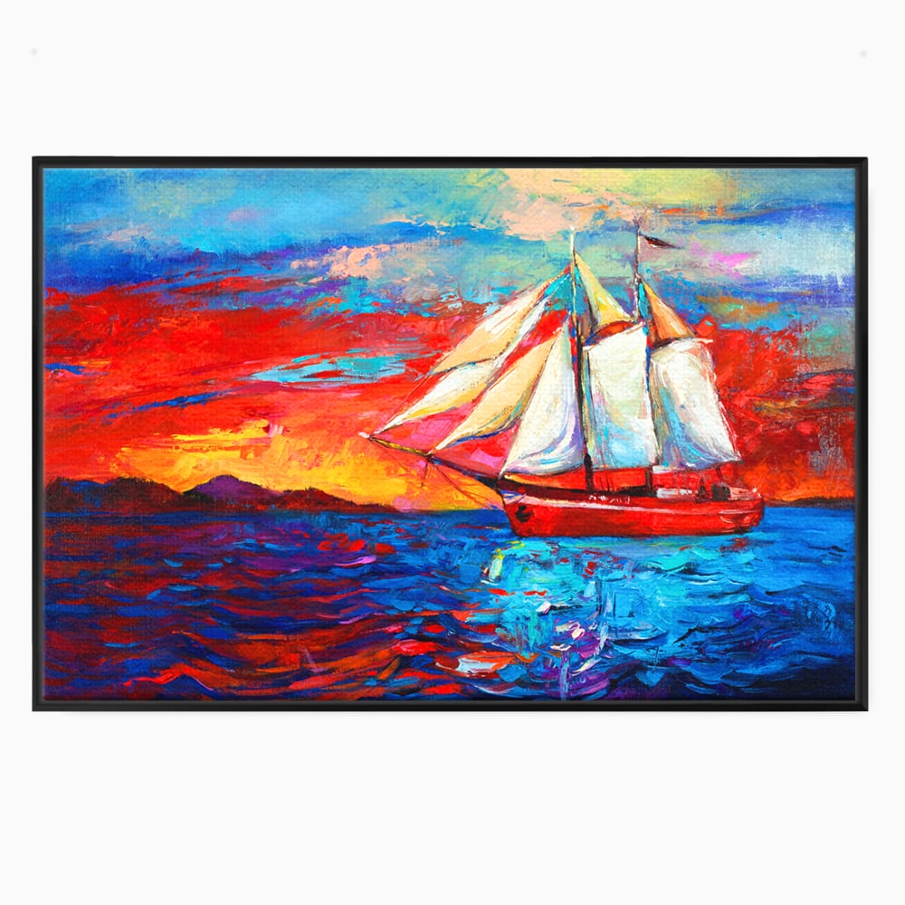 Tablou Canvas Premium LuxCanva® A1061, Vapor Cu Vele , Peisaj, Mare, Rosu, Albastru, Abstract, Culori Vibrante
