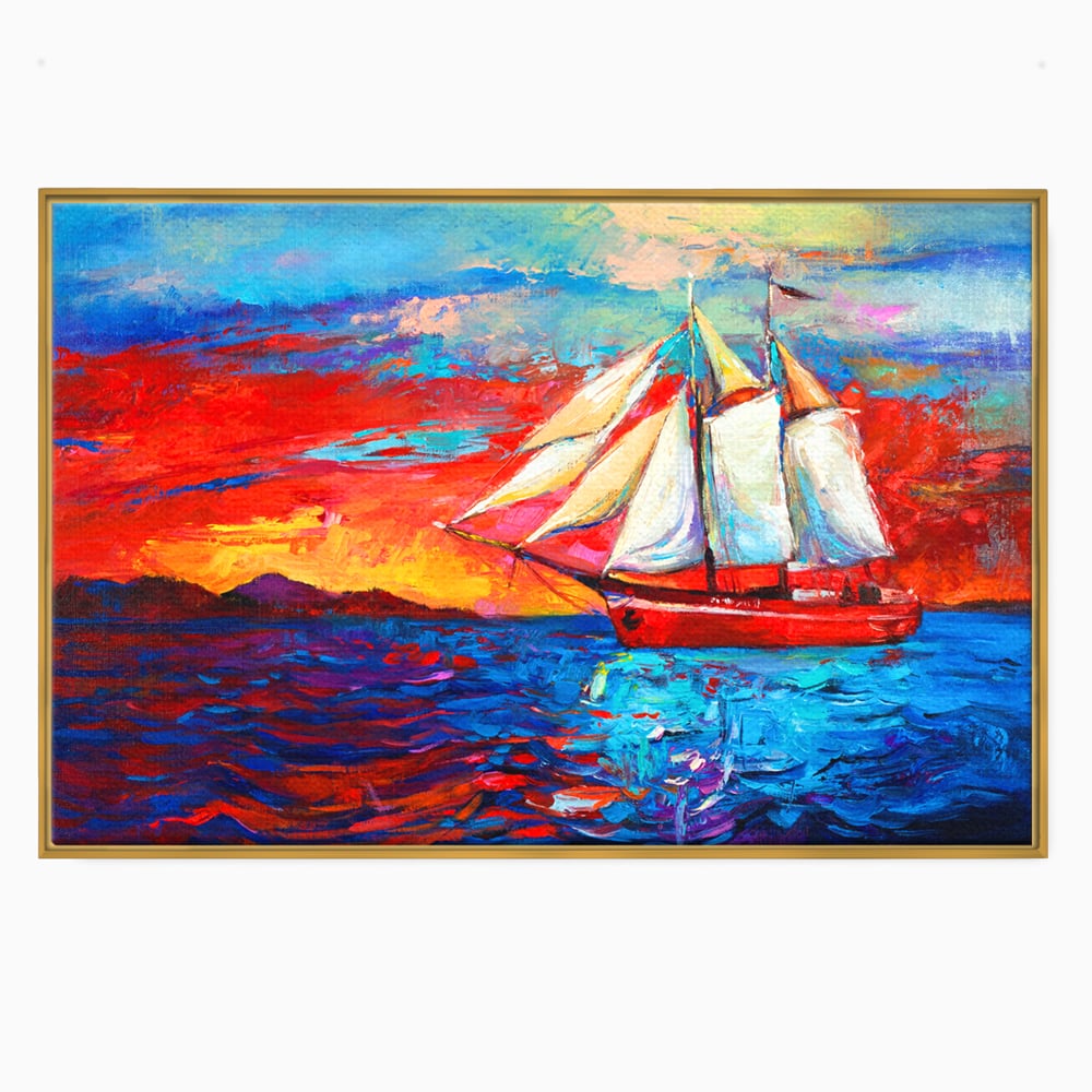 Tablou Canvas Premium LuxCanva® A1061, Vapor Cu Vele , Peisaj, Mare, Rosu, Albastru, Abstract, Culori Vibrante