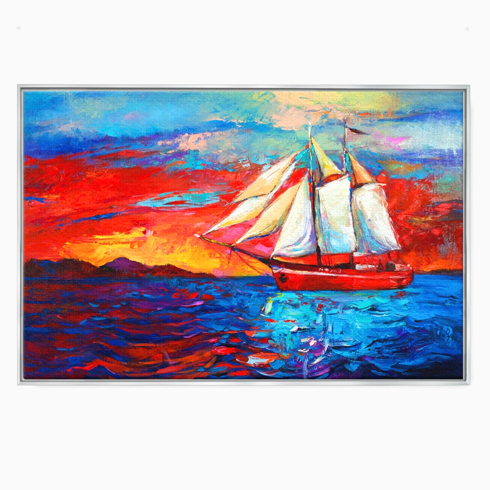 Tablou Canvas Premium LuxCanva® A1061, Vapor Cu Vele , Peisaj, Mare, Rosu, Albastru, Abstract, Culori Vibrante