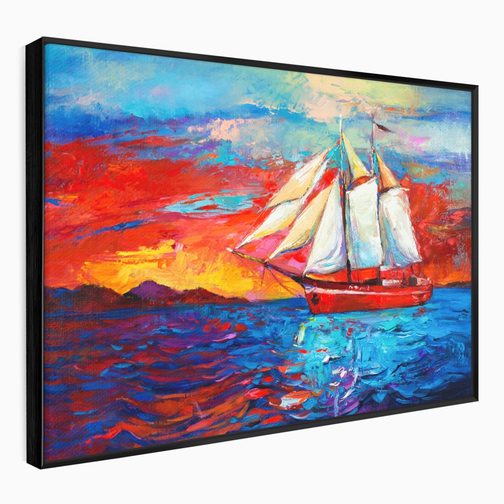 Tablou Canvas Premium LuxCanva® A1061, Vapor Cu Vele , Peisaj, Mare, Rosu, Albastru, Abstract, Culori Vibrante