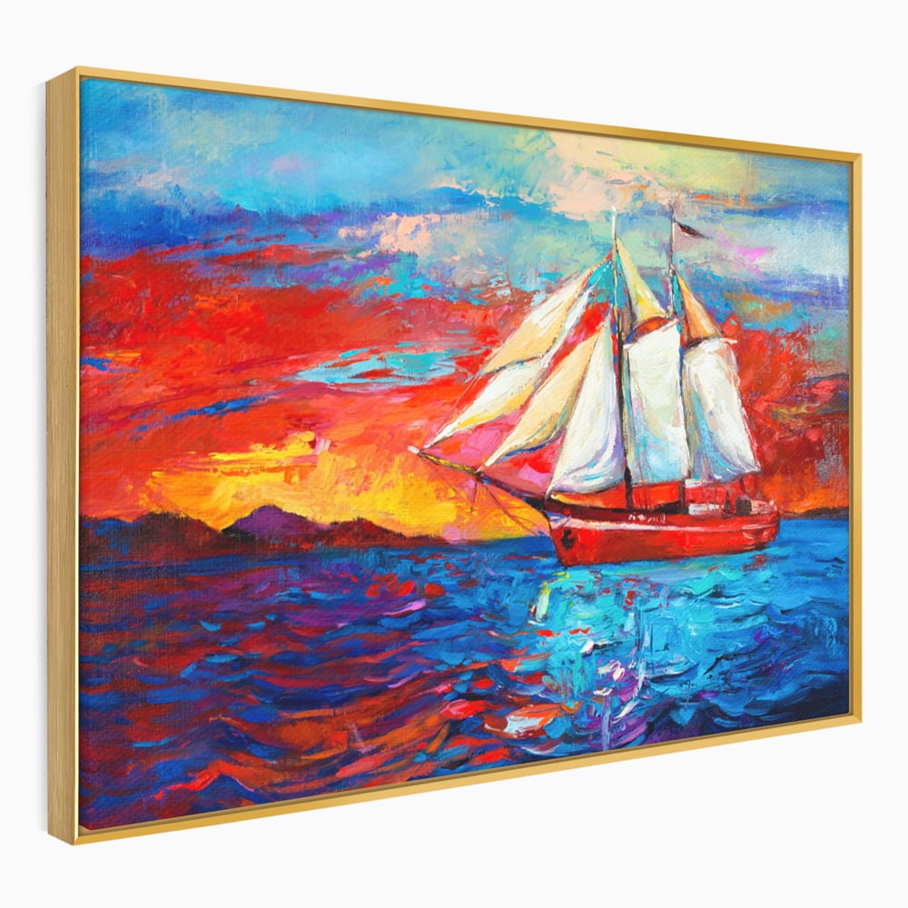 Tablou Canvas Premium LuxCanva® A1061, Vapor Cu Vele , Peisaj, Mare, Rosu, Albastru, Abstract, Culori Vibrante