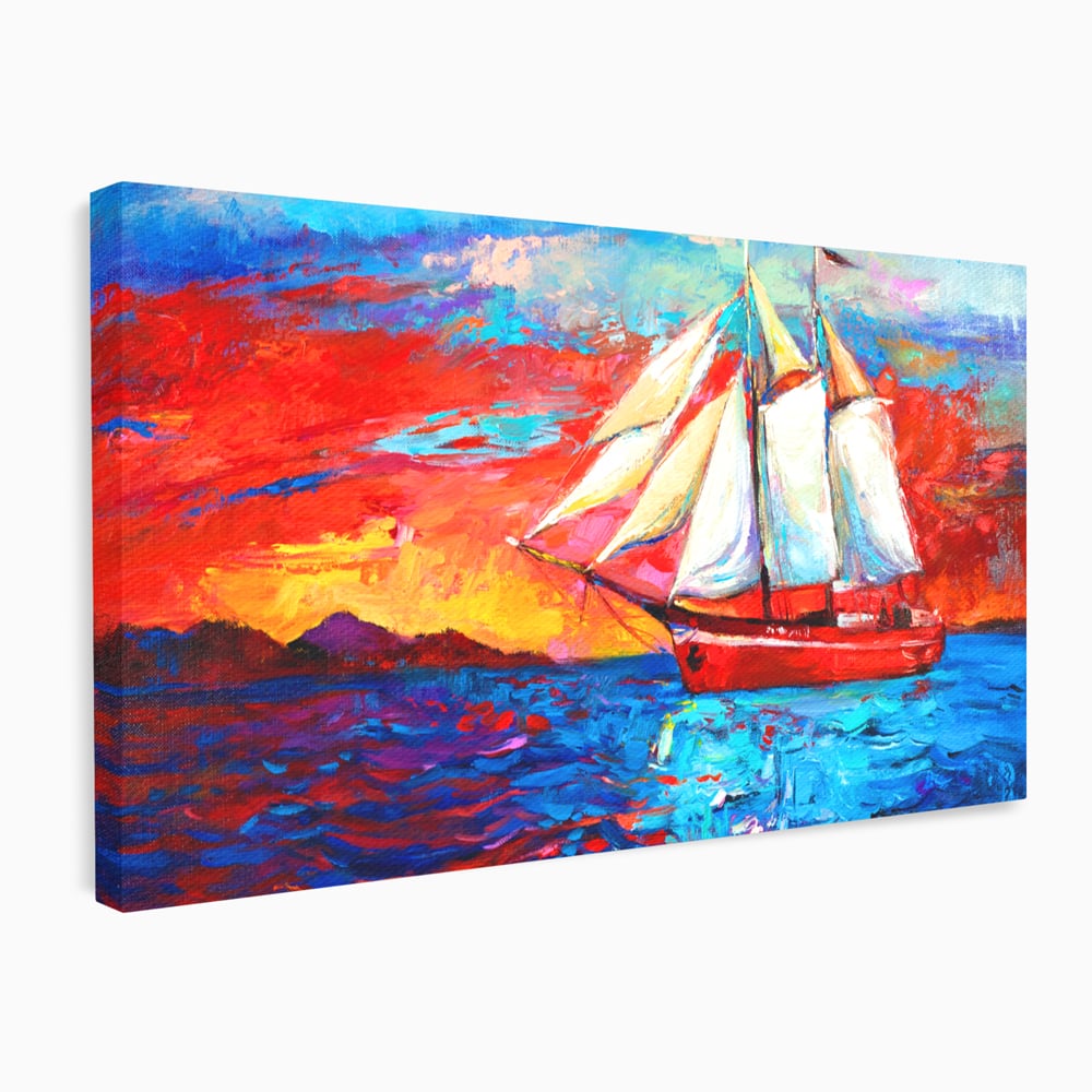 Tablou Canvas Premium LuxCanva® A1061, Vapor Cu Vele , Peisaj, Mare, Rosu, Albastru, Abstract, Culori Vibrante