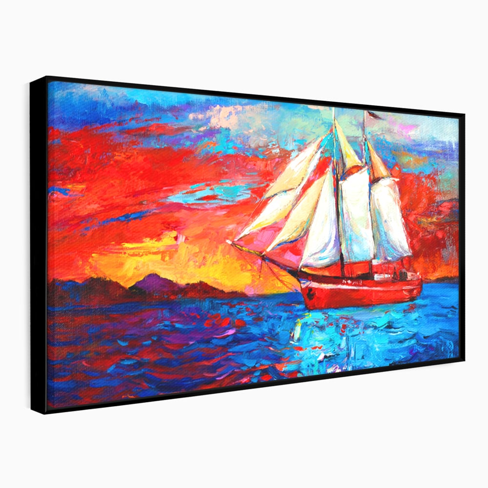 Tablou Canvas Premium LuxCanva® A1061, Vapor Cu Vele , Peisaj, Mare, Rosu, Albastru, Abstract, Culori Vibrante