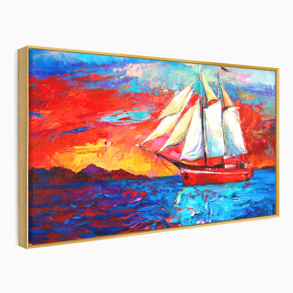 Tablou Canvas Premium LuxCanva® A1061, Vapor Cu Vele , Peisaj, Mare, Rosu, Albastru, Abstract, Culori Vibrante