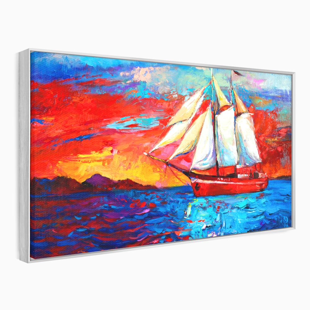 Tablou Canvas Premium LuxCanva® A1061, Vapor Cu Vele , Peisaj, Mare, Rosu, Albastru, Abstract, Culori Vibrante