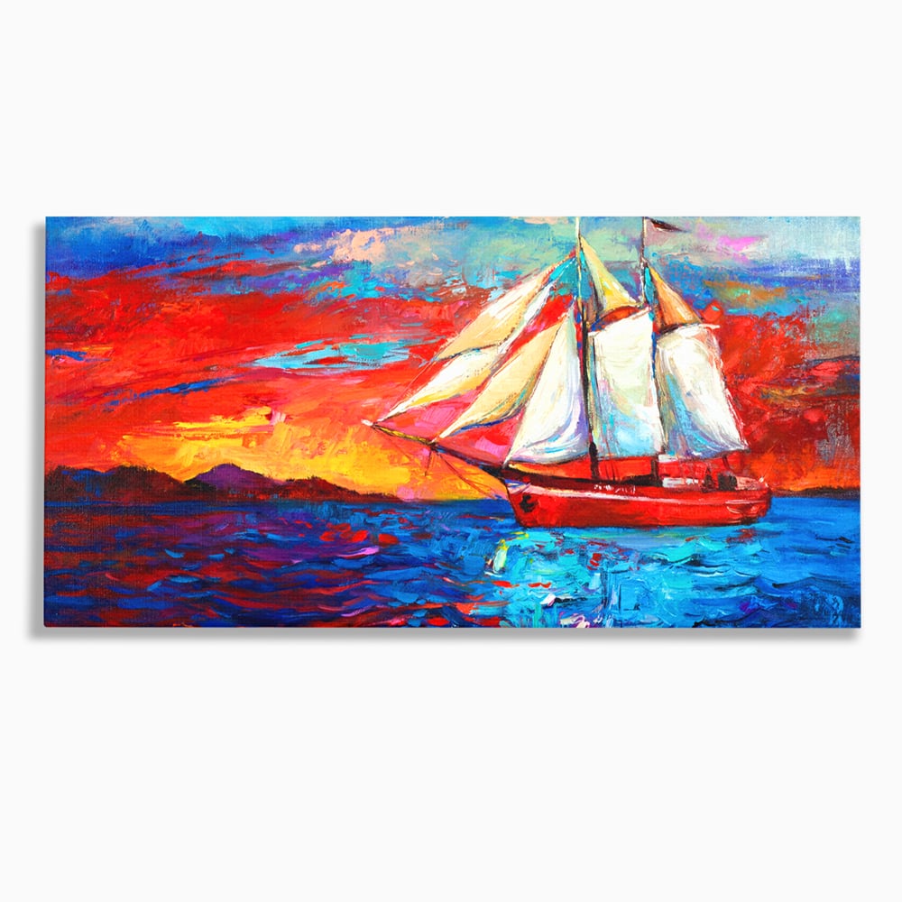 Tablou Canvas Premium LuxCanva® A1061, Vapor Cu Vele , Peisaj, Mare, Rosu, Albastru, Abstract, Culori Vibrante