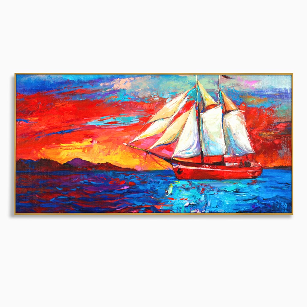 Tablou Canvas Premium LuxCanva® A1061, Vapor Cu Vele , Peisaj, Mare, Rosu, Albastru, Abstract, Culori Vibrante