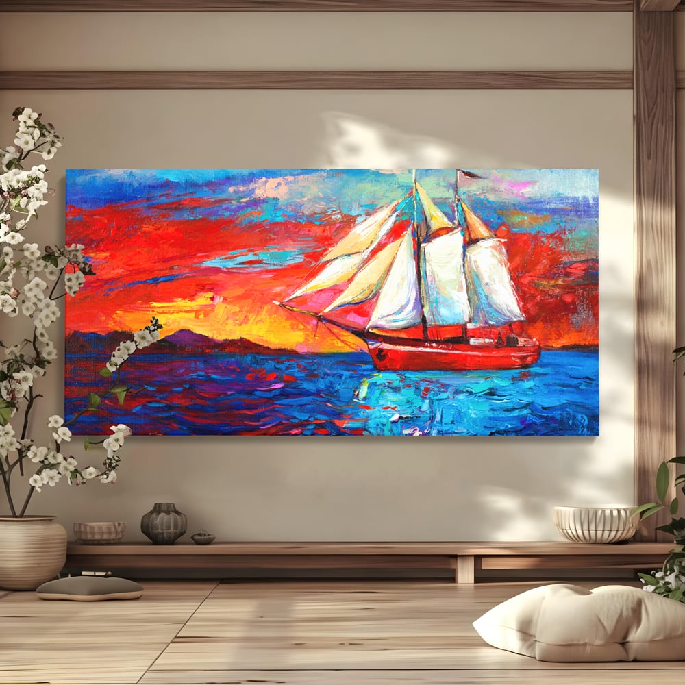 Tablou Canvas Premium LuxCanva® A1061, Vapor Cu Vele , Peisaj, Mare, Rosu, Albastru, Abstract, Culori Vibrante