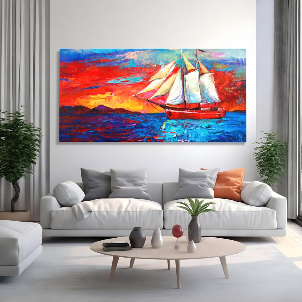 Tablou Canvas Premium LuxCanva® A1061, Vapor Cu Vele , Peisaj, Mare, Rosu, Albastru, Abstract, Culori Vibrante