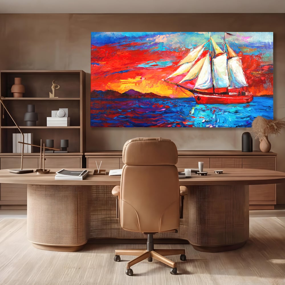Tablou Canvas Premium LuxCanva® A1061, Vapor Cu Vele , Peisaj, Mare, Rosu, Albastru, Abstract, Culori Vibrante