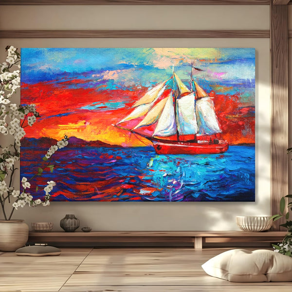 Tablou Canvas Premium LuxCanva® A1061, Vapor Cu Vele , Peisaj, Mare, Rosu, Albastru, Abstract, Culori Vibrante