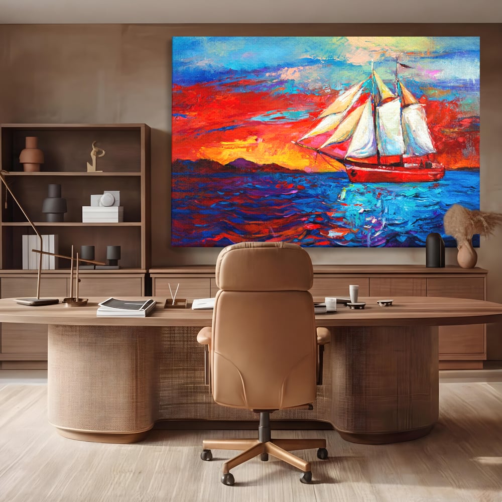 Tablou Canvas Premium LuxCanva® A1061, Vapor Cu Vele , Peisaj, Mare, Rosu, Albastru, Abstract, Culori Vibrante