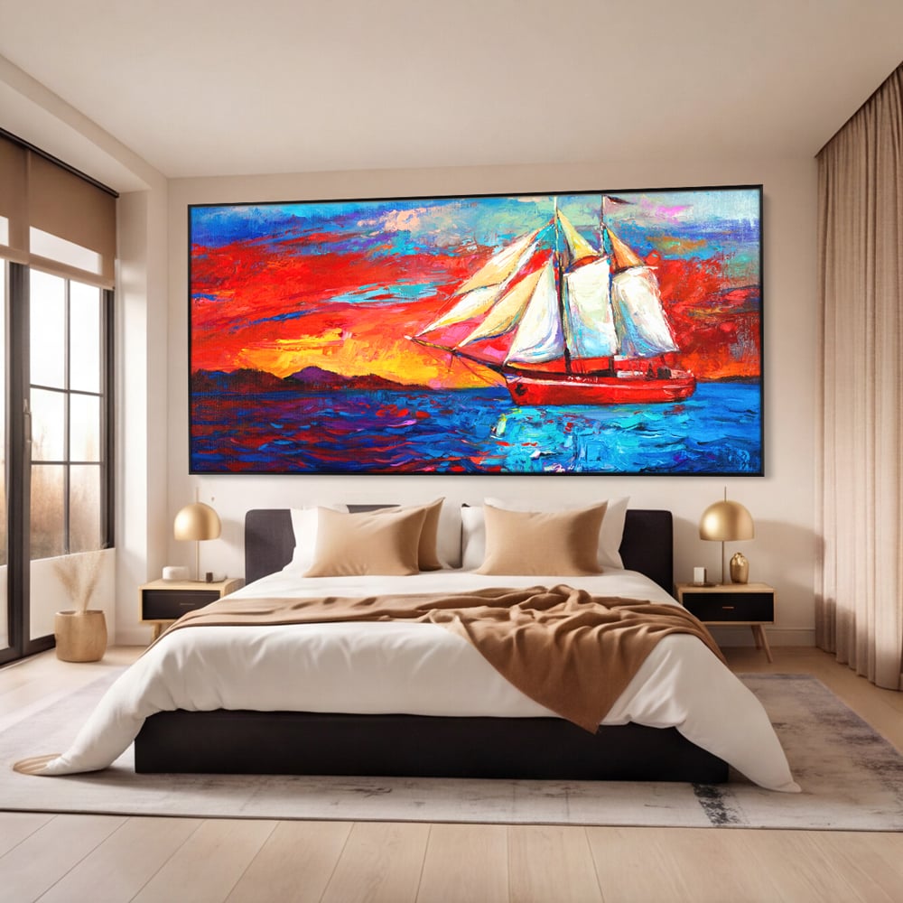 Tablou Canvas Premium LuxCanva® A1061, Vapor Cu Vele , Peisaj, Mare, Rosu, Albastru, Abstract, Culori Vibrante