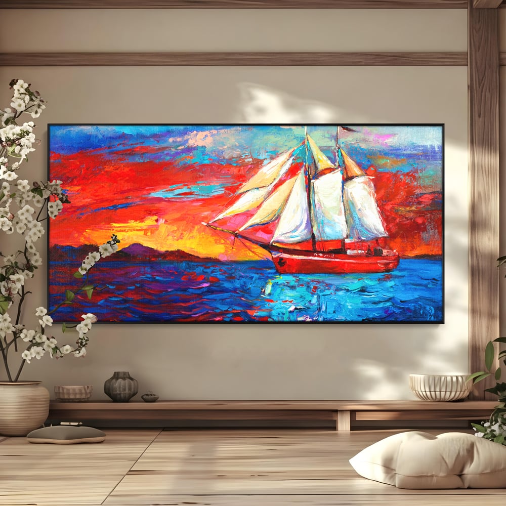 Tablou Canvas Premium LuxCanva® A1061, Vapor Cu Vele , Peisaj, Mare, Rosu, Albastru, Abstract, Culori Vibrante