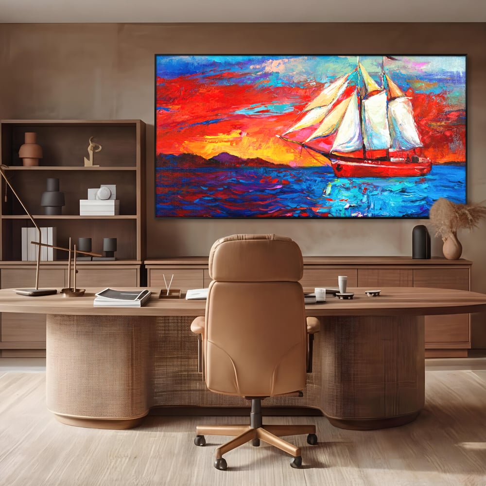 Tablou Canvas Premium LuxCanva® A1061, Vapor Cu Vele , Peisaj, Mare, Rosu, Albastru, Abstract, Culori Vibrante