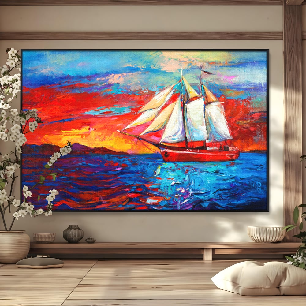Tablou Canvas Premium LuxCanva® A1061, Vapor Cu Vele , Peisaj, Mare, Rosu, Albastru, Abstract, Culori Vibrante