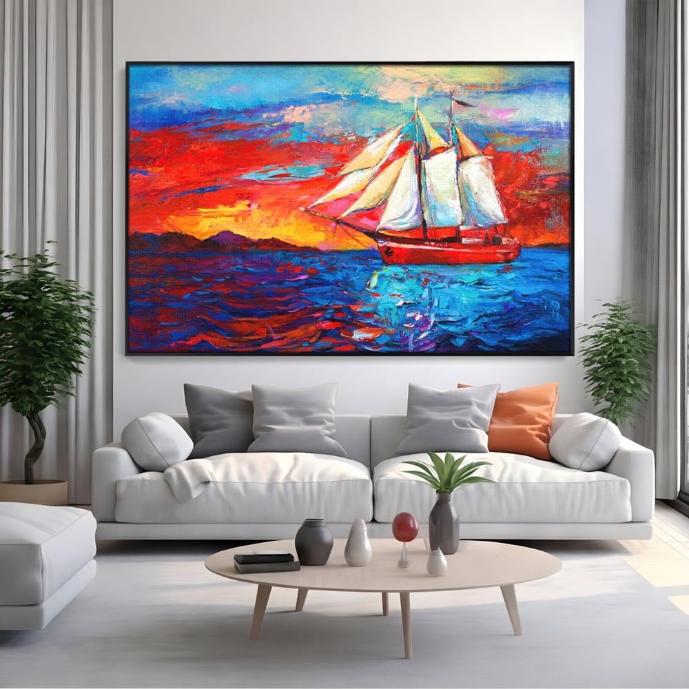Tablou Canvas Premium LuxCanva® A1061, Vapor Cu Vele , Peisaj, Mare, Rosu, Albastru, Abstract, Culori Vibrante
