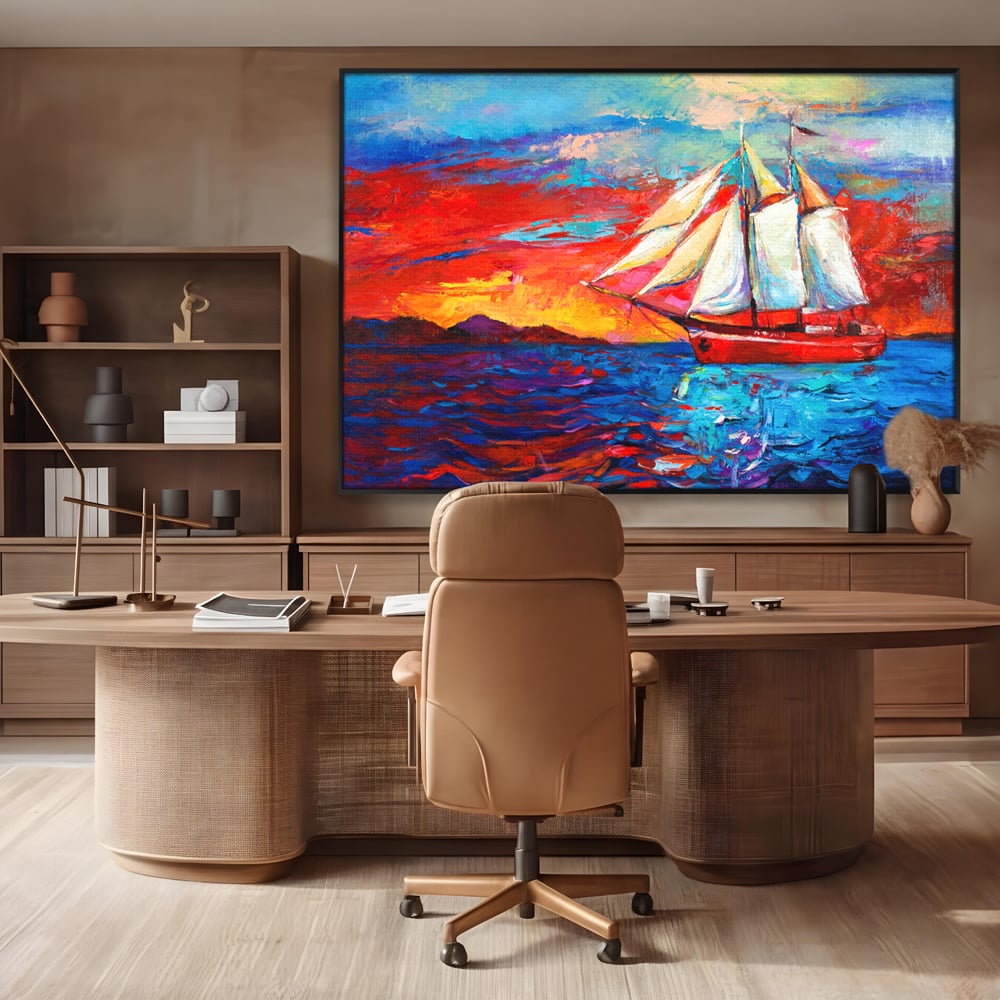 Tablou Canvas Premium LuxCanva® A1061, Vapor Cu Vele , Peisaj, Mare, Rosu, Albastru, Abstract, Culori Vibrante