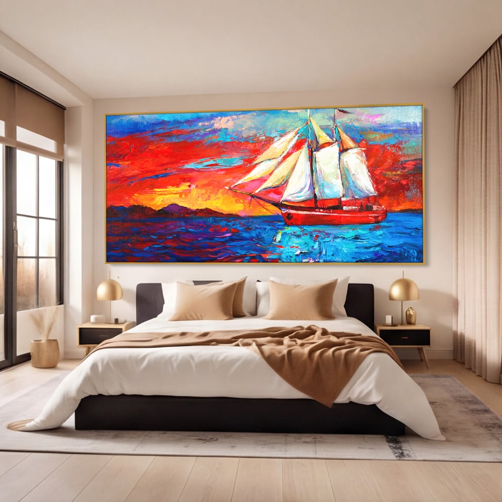 Tablou Canvas Premium LuxCanva® A1061, Vapor Cu Vele , Peisaj, Mare, Rosu, Albastru, Abstract, Culori Vibrante