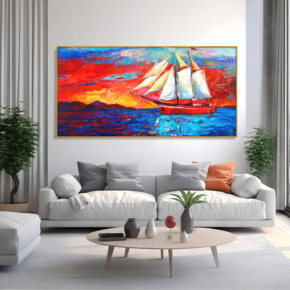 Tablou Canvas Premium LuxCanva® A1061, Vapor Cu Vele , Peisaj, Mare, Rosu, Albastru, Abstract, Culori Vibrante