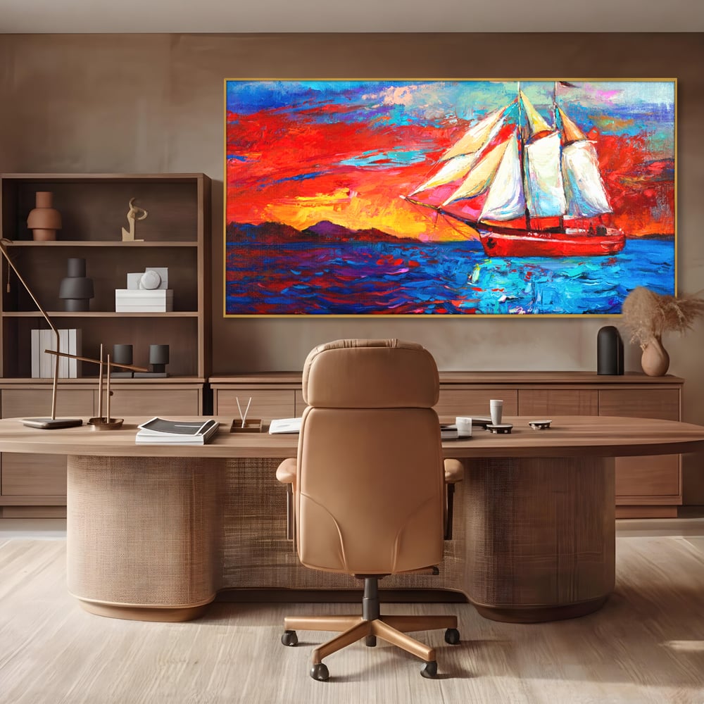 Tablou Canvas Premium LuxCanva® A1061, Vapor Cu Vele , Peisaj, Mare, Rosu, Albastru, Abstract, Culori Vibrante