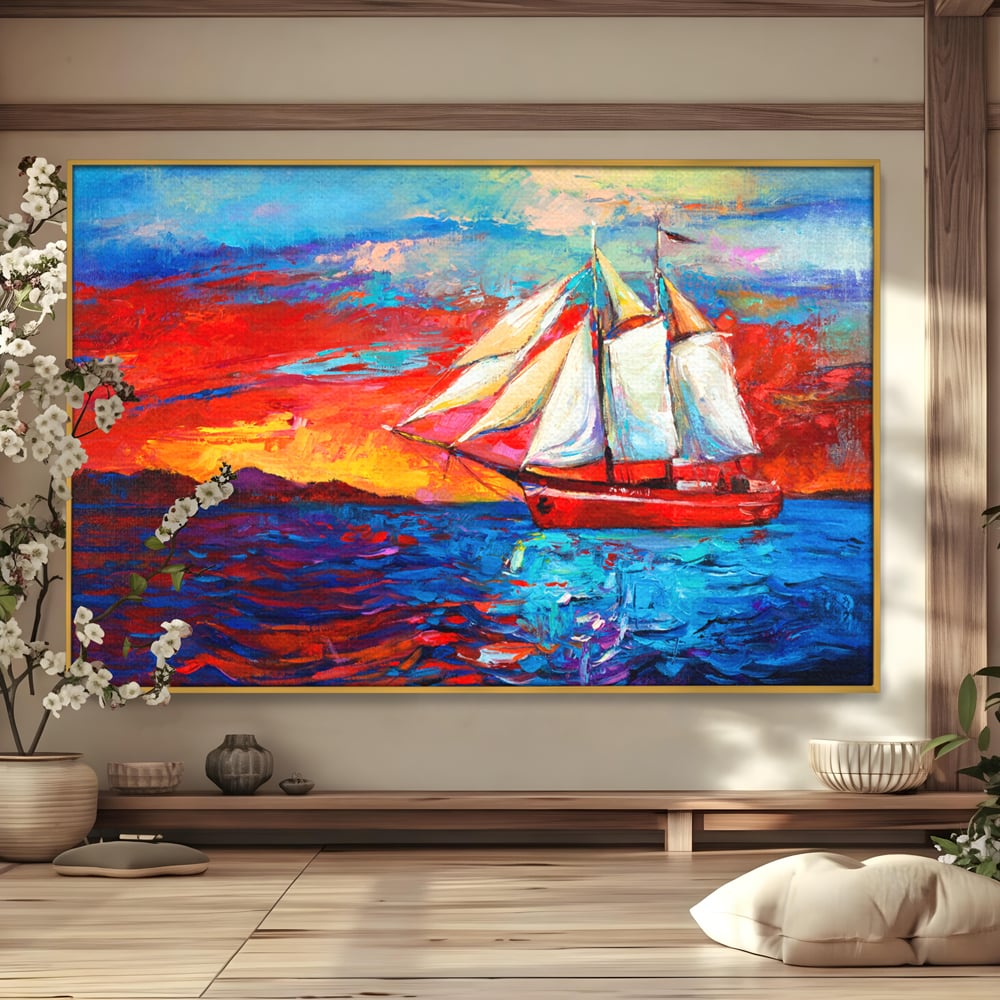 Tablou Canvas Premium LuxCanva® A1061, Vapor Cu Vele , Peisaj, Mare, Rosu, Albastru, Abstract, Culori Vibrante