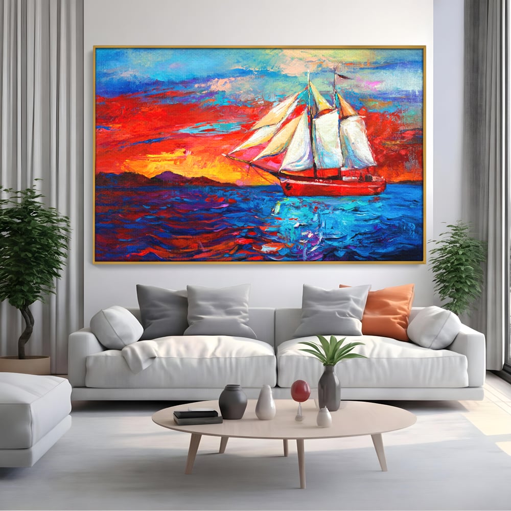 Tablou Canvas Premium LuxCanva® A1061, Vapor Cu Vele , Peisaj, Mare, Rosu, Albastru, Abstract, Culori Vibrante