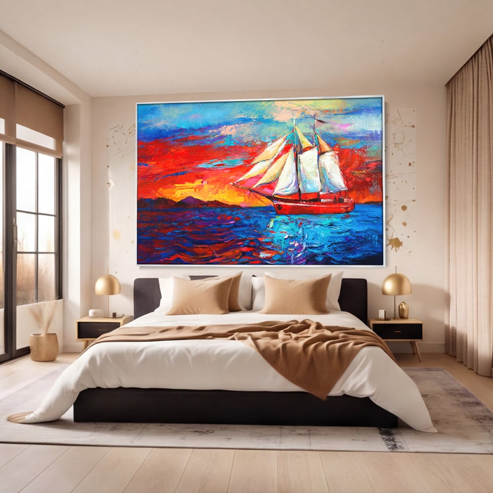 Tablou Canvas Premium LuxCanva® A1061, Vapor Cu Vele , Peisaj, Mare, Rosu, Albastru, Abstract, Culori Vibrante