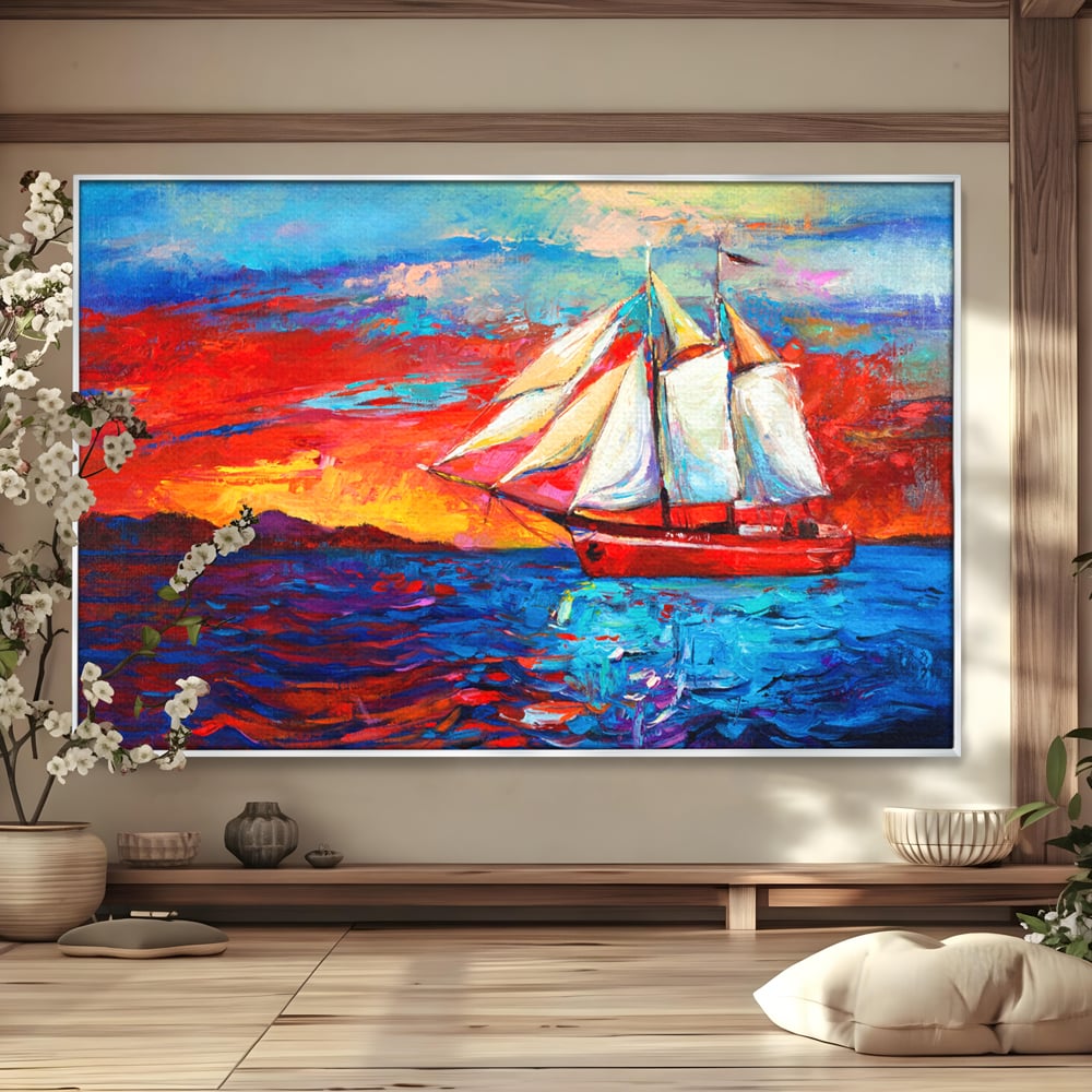 Tablou Canvas Premium LuxCanva® A1061, Vapor Cu Vele , Peisaj, Mare, Rosu, Albastru, Abstract, Culori Vibrante
