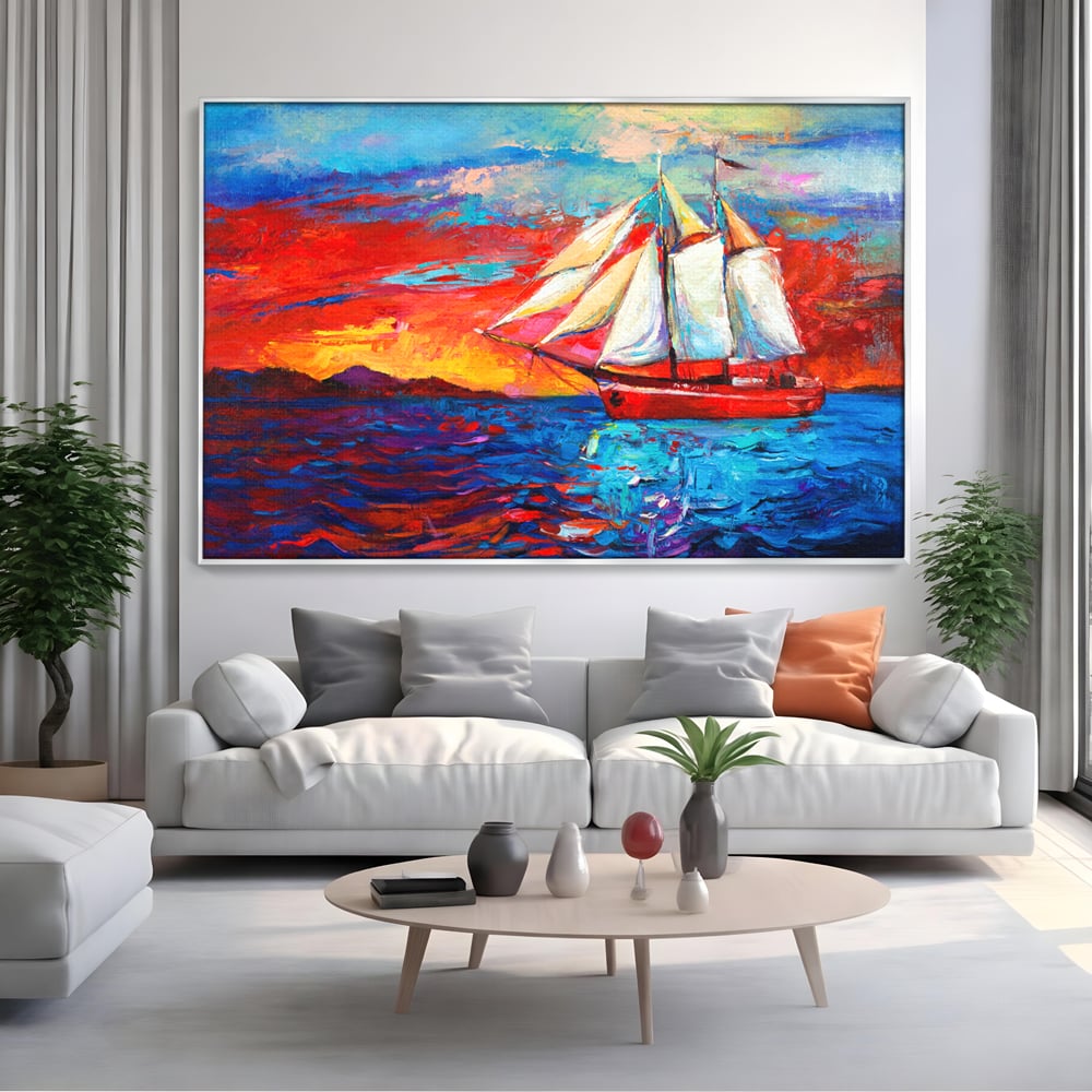 Tablou Canvas Premium LuxCanva® A1061, Vapor Cu Vele , Peisaj, Mare, Rosu, Albastru, Abstract, Culori Vibrante