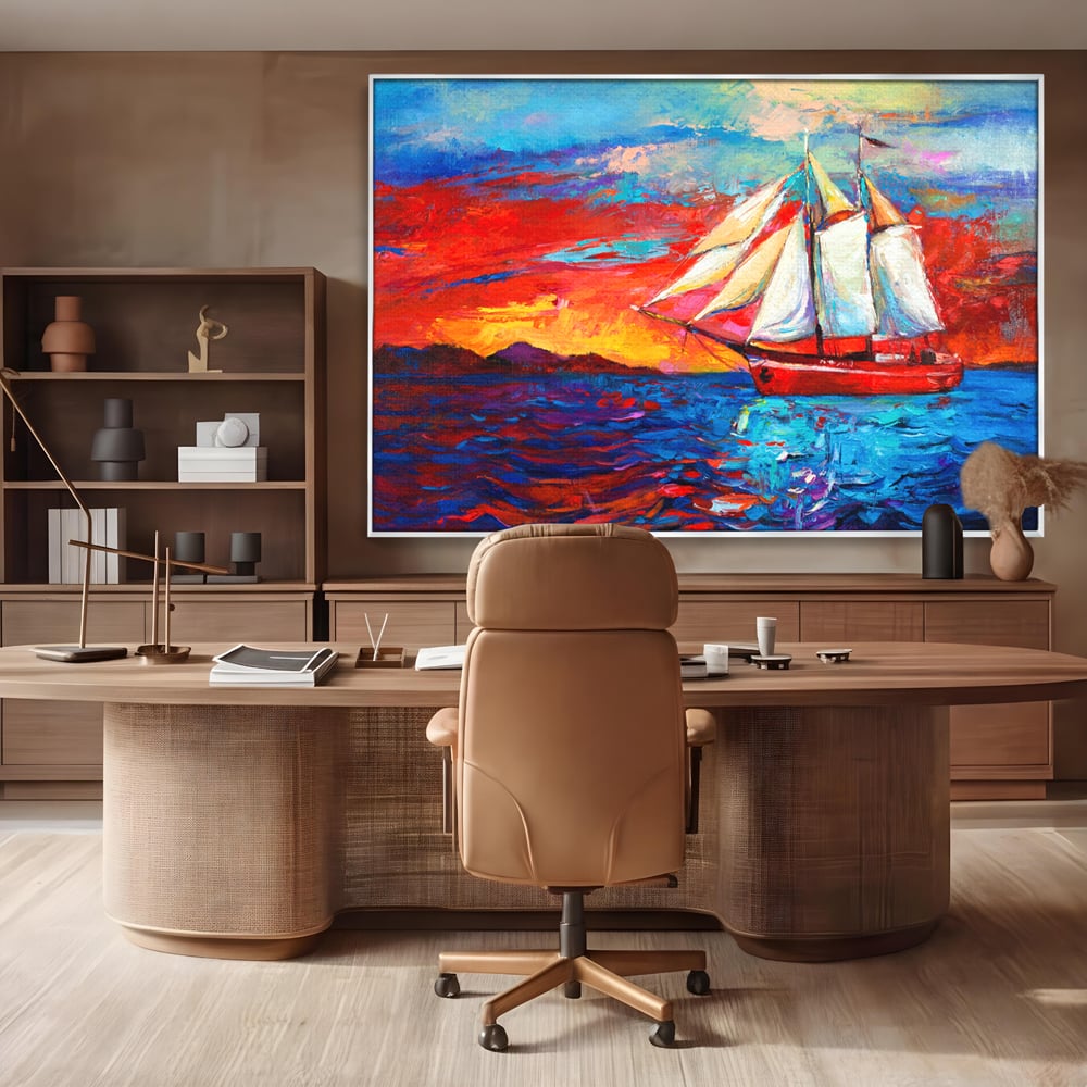 Tablou Canvas Premium LuxCanva® A1061, Vapor Cu Vele , Peisaj, Mare, Rosu, Albastru, Abstract, Culori Vibrante