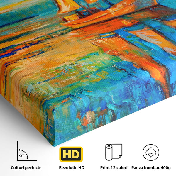 Tablou Canvas Premium LuxCanva® A1062, Pescar In Barca , Peisaj, Mare, Portocaliu, Abstract, Culori Vibrante